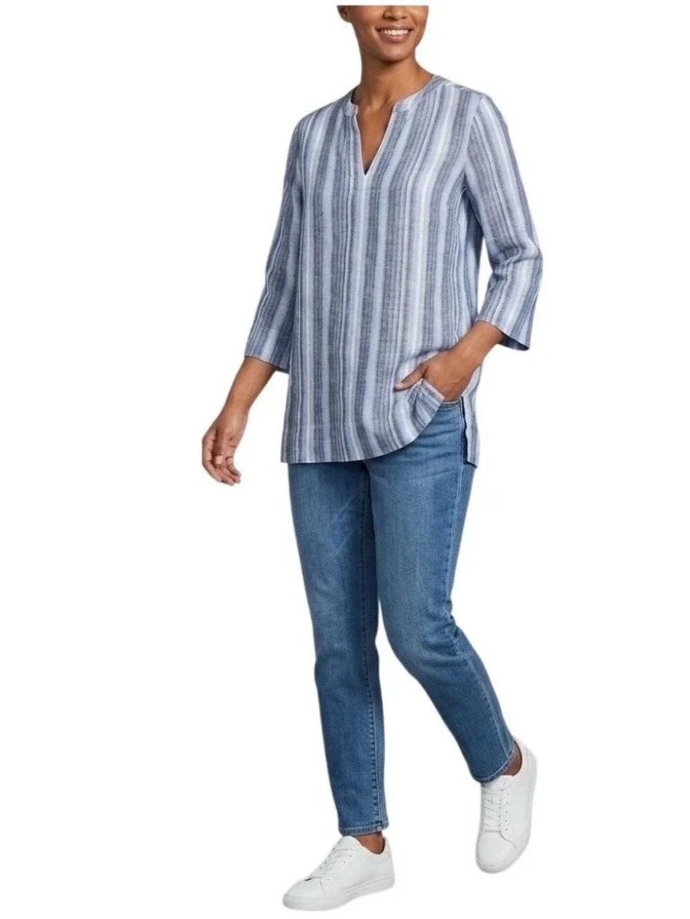 Lands' End Blue White Striped 100% Linen Tunic Coastal Beach Top XSP